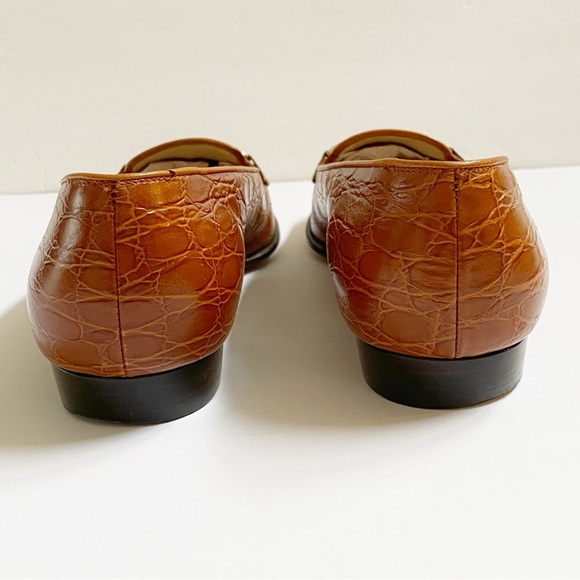 SALVATORE FERRAGAMO BROWN CROC LEATHER GOLD LOGO CHAIN LOAFERS SHOES - Picture 5 of 12